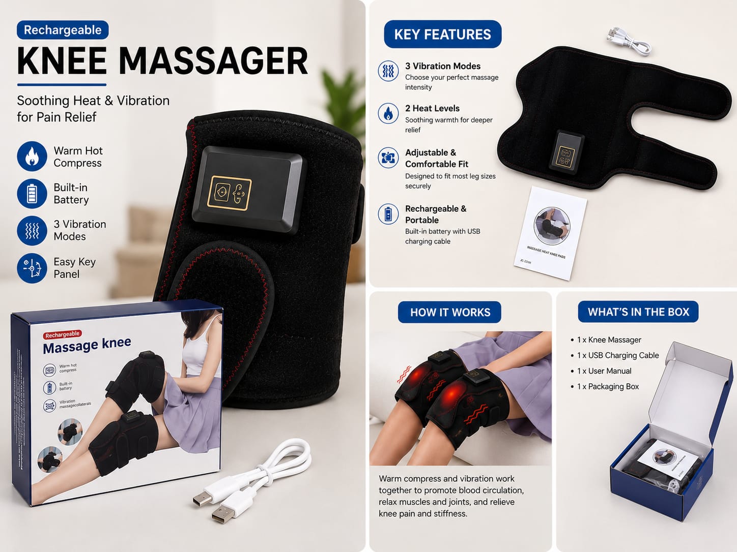 Rechargeable Heated Knee Massager Wrap – Vibration & Heat Therapy Support Brace